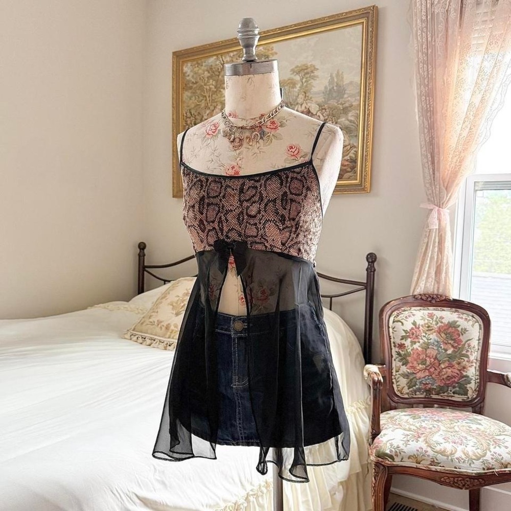 snake print babydoll top  Y2K black and brown California Dynasty size‎ large